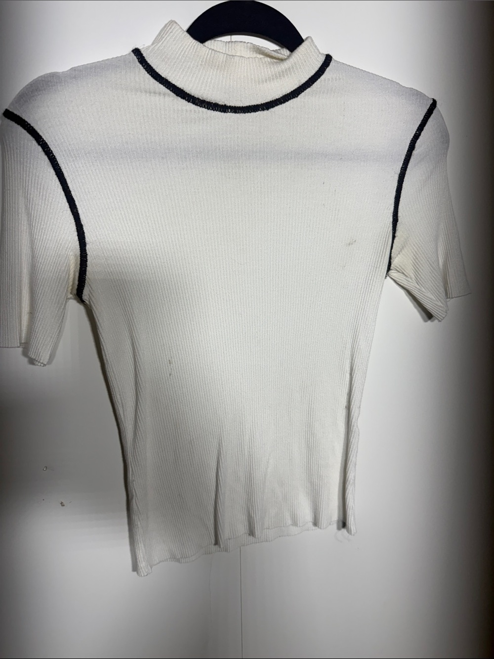 Zara Cream Ribbed Short-Sleeve Mock Neck Top with Black Trim